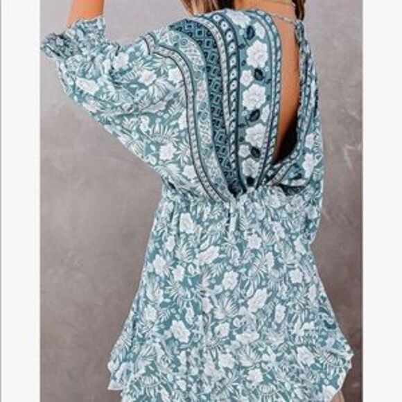 New Boho Floral Tie Back Clinched Cuff Short Dress - Picture 2 of 7